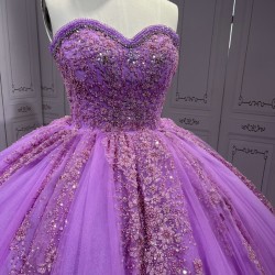 Ruffled Lilac Quince Dress Sleeveless Vestidos De 15 Anos Crystal Strapless Sweet 15 Gowns