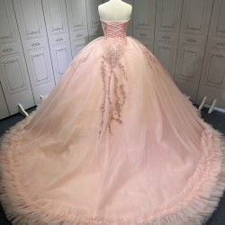 Ruffled Pink Quince Dress Sleeveless Vestidos De 15 Anos Crystal Strapless Sweet 15 Gowns