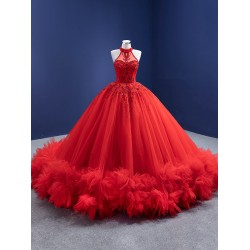Ruffled Red Evening Dresses for Women Party 2024 Lace Rhinestone Sleeveless Satin Arabic Formal Prom Gowns