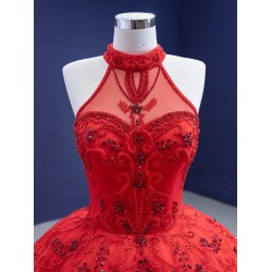 Ruffled Red Evening Dresses for Women Party 2024 Lace Rhinestone Sleeveless Satin Arabic Formal Prom Gowns