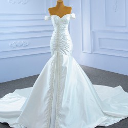 Satin Mermaid Wedding Dress Sexy Backless Lace Up Pearl Off Shoulder Bride Gown