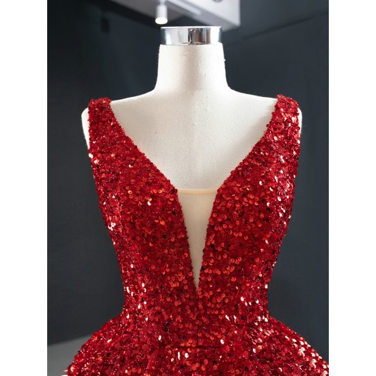 Shiny Sequin Red Formal Party Prom Dresses For Women V Neck Special Occasion Gowns Evening Dress