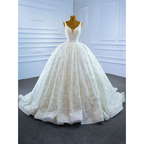 Sleeveless Ball Gown Wedding Dresses V Neck Sequin Arabic Wedding Bridal Gowns