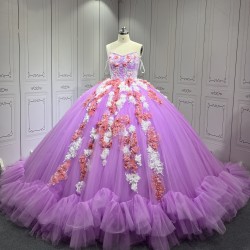 Sleeveless Lilac Quinceanera Dress Ruffled Vestidos De XV Anos 3D Flowers Sweet 15 Gowns With Cape