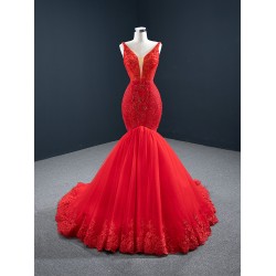 Sleeveless Red Mermaid Evening Dresses Spaghetti Strap Elegant Lace Appliques Formal Dubai Party Gowns Long Vestido De Gala