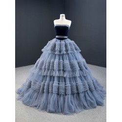 Tiered Gray Blue Mermaid Evening Dresses Sleeveless 2024 Arabic Women Wedding Party Formal Gowns