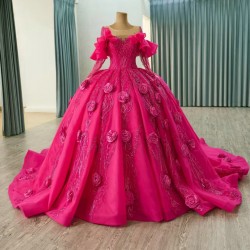 Long Sleeves Fuchsia Quinceanera Dresses With 3D Flowers And Beaded Details