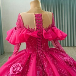 Long Sleeves Fuchsia Quinceanera Dresses With 3D Flowers And Beaded Details