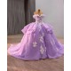 Elegant Lavender Ball Gown Dress with Delicate White Floral Appliqués & Voluminous Puffy Skirt – Whimsical Princess Style for Weddings or Special Events