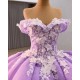 Elegant Lavender Ball Gown Dress with Delicate White Floral Appliqués & Voluminous Puffy Skirt – Whimsical Princess Style for Weddings or Special Events