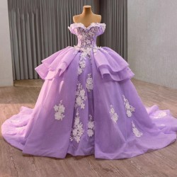 Elegant Lavender Ball Gown Dress with Delicate White Floral Appliqués & Voluminous Puffy Skirt – Whimsical Princess Style for Weddings or Special Events