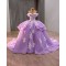 Elegant Lavender Ball Gown Dress with Delicate White Floral Appliqués & Voluminous Puffy Skirt – Whimsical Princess Style for Weddings or Special Events
