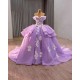 Elegant Lavender Ball Gown Dress with Delicate White Floral Appliqués & Voluminous Puffy Skirt – Whimsical Princess Style for Weddings or Special Events