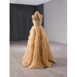Customized Gold Prom Dresses Halter Neck A Line Formal Party Gowns Floor Length Evening Dress