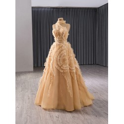 Customized Gold Prom Dresses Halter Neck A Line Formal Party Gowns Floor Length Evening Dress