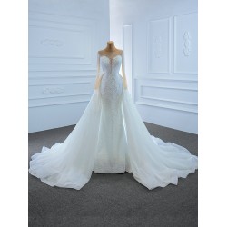 Elegant Mermaid Wedding Dress Long Sleeve Bridal Gowns Detachable Train Pearl Robe De Mariee