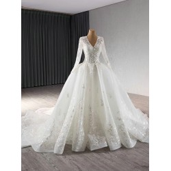 Glitter Lace Princess Wedding Dresses Long Sleeve Sequin V Neck Bridal Gowns Bride Dresses 2025