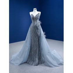 Luxury Gray Blue Mermaid Evening Dresses Gowns Strapless Crystal 2024 For Women Party Long Prom Vestido De Fiesta