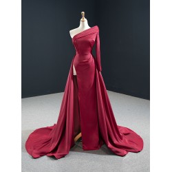 One Shoulder Burgundy Prom Party Dresses For Women Satin Long Formal Special Occasion Evening Dress