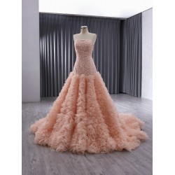 Peach Color Long Prom Dresses For Black Girls 2024 Strapless Ruffled Evening Party Gowns Women