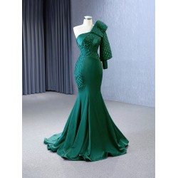 Satin Green Women Prom Dresses One Shoulder Evening Dress Floor Length Special Occasion Party Formal Gowns
