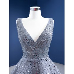 Sequin Silver Prom Dresses For Women 2024 Sleeveless Lace Up Satin Formal V Neck Evening Party Gowns