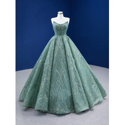 Strapless Mint Green Korea Evening Dresses Beading Tulle Sleeveless Floor Length Formal Occasion Gowns For Women