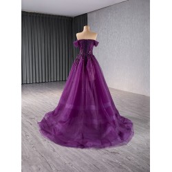 Strapless Purple Evening Dresses A Line Tulle Bride Wedding Photos Off Shoulder Women Prom Party Dress