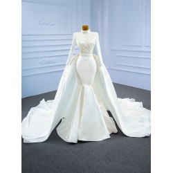 Two In One Mermaid High Neck Wedding Dress Lace Appliques Bridal Pleated Long Sleeves Gown Custom Made Vestido De Noiva